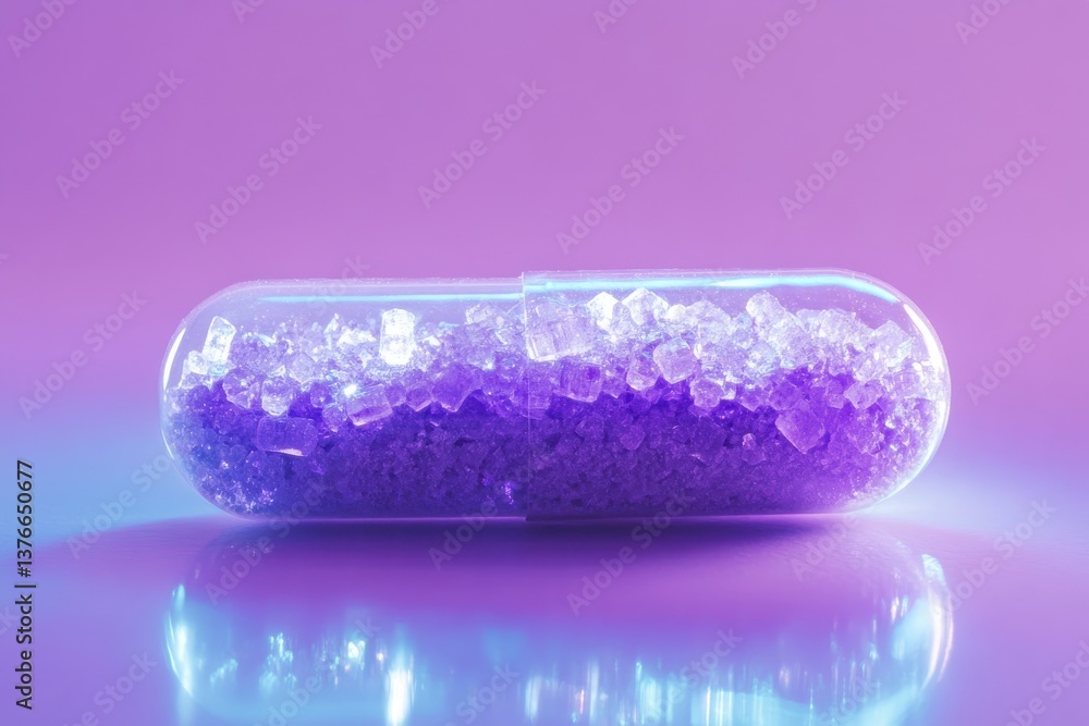 Aufkleber Unique translucent capsule filled with colorful crystals on a soft purple background creating a modern aesthetic setting