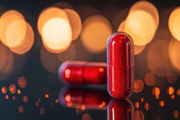 Close-up of shiny red capsules with shimmering background lights, capturing the essence of health and wellness in a vibrant setting