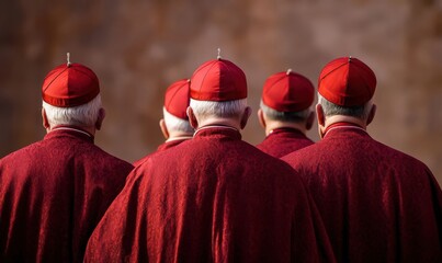 A group of cardinals in red mitres and burgundy robes, seen from behind at a papal conclave outside the Vatican Palace, with soft sunlight creating dramatic highlights and shadows.