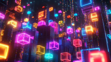 Fototapeta premium Neon light. Blockchain technology. Information block in the volumetric composition. Glowing edges on a dark background. Full-color 3D illustration of an array of cubes and a polygonal mesh.