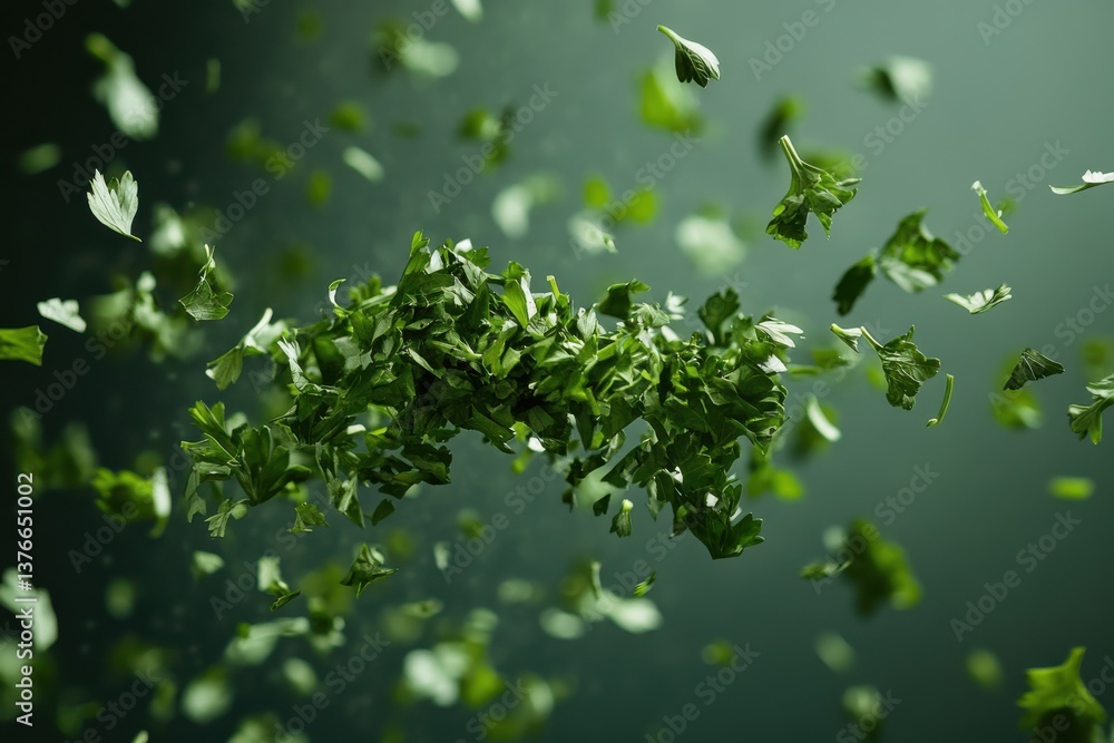 Poster Fresh herbs floating in the air create a dynamic visual of parsley in motion against a dark background