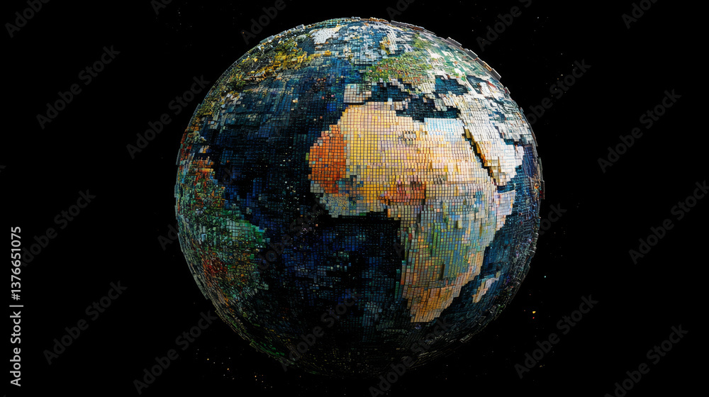 Poster planet earth 3d illustration. transparent pixel map with luminous elements on a dark abstract backgr