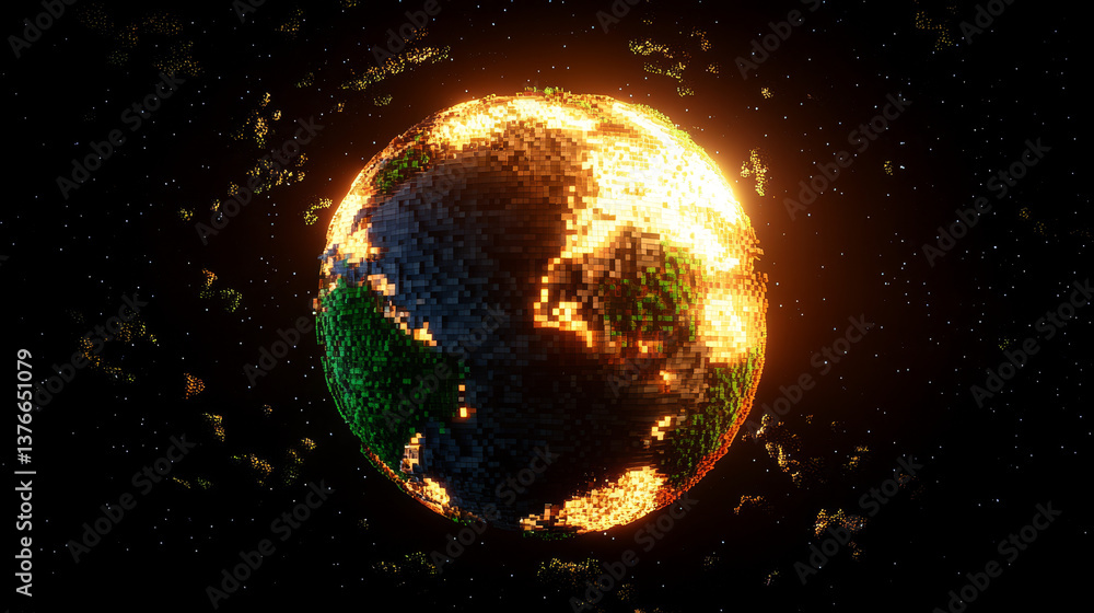 Poster planet earth 3d illustration. transparent pixel map with luminous elements on a dark abstract backgr