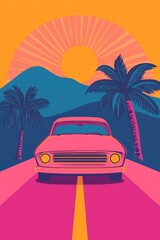 Vibrant Retro Car Adventure: Colorful Tropical Design with Palm Trees and Mountains