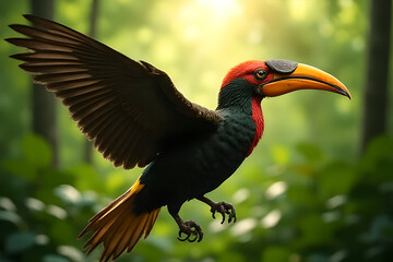 Fototapeta premium Stunning 32K Photorealistic Hornbill in Jungle Flight: Motion Blur Wings, Vivid Greens, Radiant Light