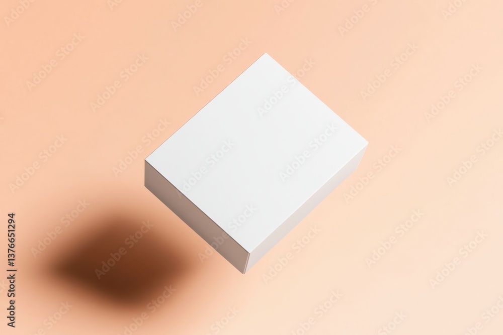 Poster Empty white box floating above a peach-colored surface creating a minimalistic aesthetic environment