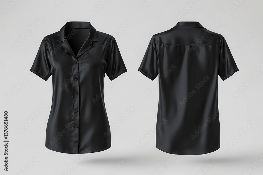Poster black short-sleeve satin shirt displayed from front and back angles in a minimalist setting