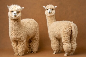 Fototapeta premium Two fluffy alpacas pose together against a warm brown background showcasing their unique fur texture and playful expressions