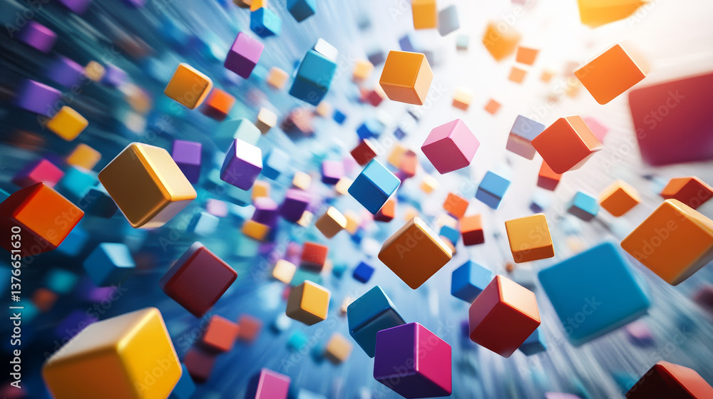 Poster abstract geometric composition. volumetric cubes on a light background. data blocks moved in cybersp
