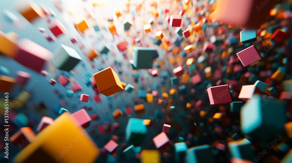 Poster abstract geometric composition. volumetric cubes on a light background. data blocks moved in cybersp