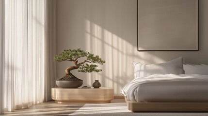 A Scandinavian-inspired bedroom featuring a bonsai pine tree on a bedside table, complementing the clean and calming aesthetic.