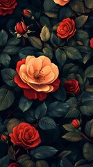 Close-Up Of Red And Peach Roses With Green Leaves

