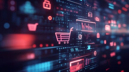 Obraz premium Digital shopping cart interface with glowing icons and data visualization in a vibrant virtual environment