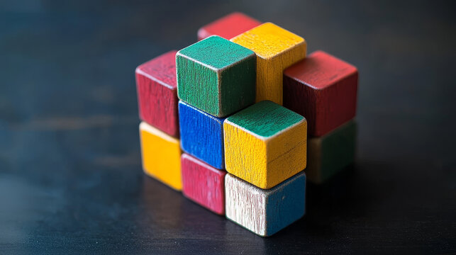 Hi-tech Square blocks are collected in a cubic array against the background of information fields. 3d illustration of blockchain abstract concept. Artificial intelligence learnability