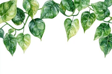 Hand-drawn watercolor green leaves frame on a white background, featuring high resolution and quality, with ample white space in the center for text placement.