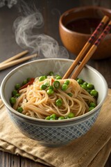 Steaming Bowl of Noodles With Peas on Wooden Table Generative AI