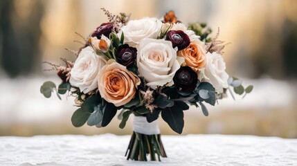 boho wedding decor, earthy-toned bohemian bridal bouquet with dried elements on a lace table, with soft sunlight streaming through the window