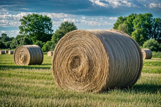 close-up of a big round hay bale roll in a green field primer plano de un gran rollo redondo de pacas de heno en un campo verde saman balya