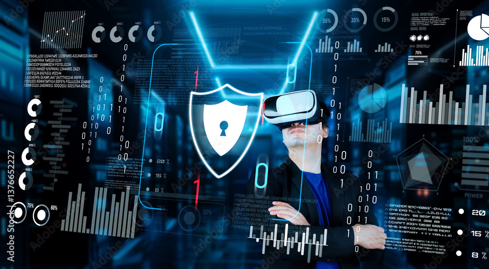 Poster business man looking at security system hologram and standing at data center. skilled project manage