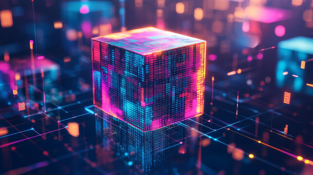 Hi-tech Square blocks are collected in a cubic array against the background of information fields. 3d illustration of blockchain abstract concept. Artificial intelligence learnability