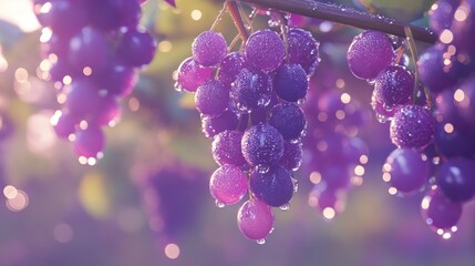 Purple grapes glistening with dew drops on a vine
