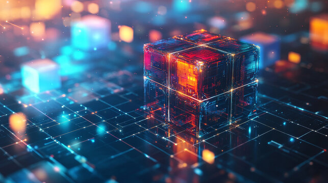 Hi-tech Square blocks are collected in a cubic array against the background of information fields. 3d illustration of blockchain abstract concept. Artificial intelligence learnability