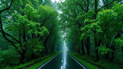Obraz premium Scenic Road Through Forest with Fog and Green Trees Landscape