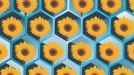A background with sunflowers in a honeycomb with a smooth sky blue gradient.