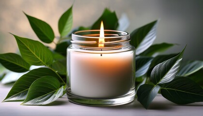 a clear glass candle jar with a lit white candle inside surrounded by green leaves creating a serene and calming ambiance