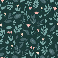 Hand drawn floral seamless pattern. Cute background with colored flowers and leaves. Simple graphic design. Scandinavian style. Vector illustration on dark green