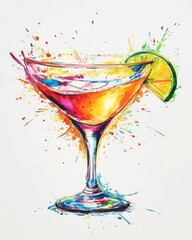 Colorful cocktail glass with lime wedge splashing vibrant colors on white background