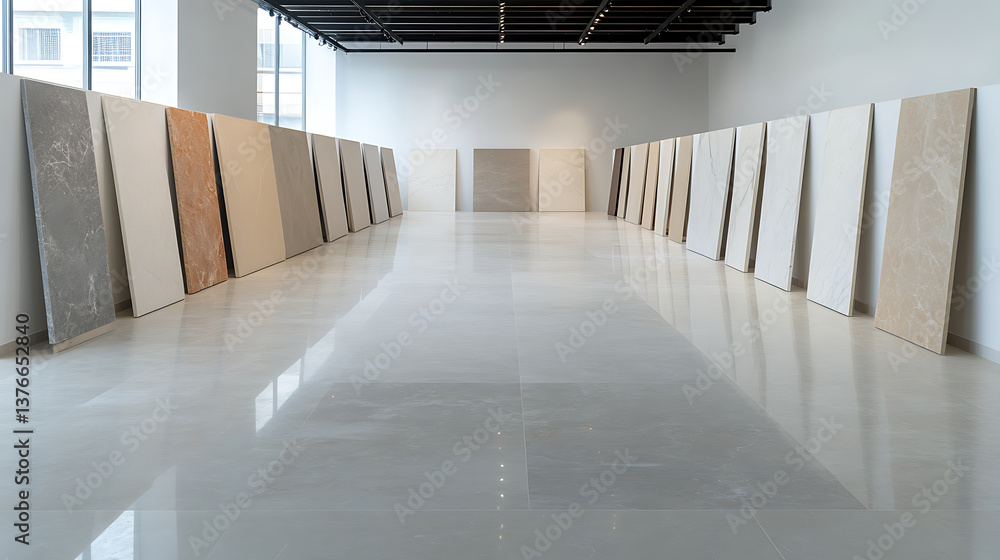 Poster tile display featuring a variety of patterns and colors in a bright, minimalist space. smooth, refle