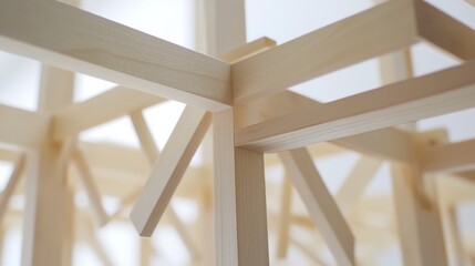 A construction worker assembling a wooden framework for a building. Featuring carpentry and construction