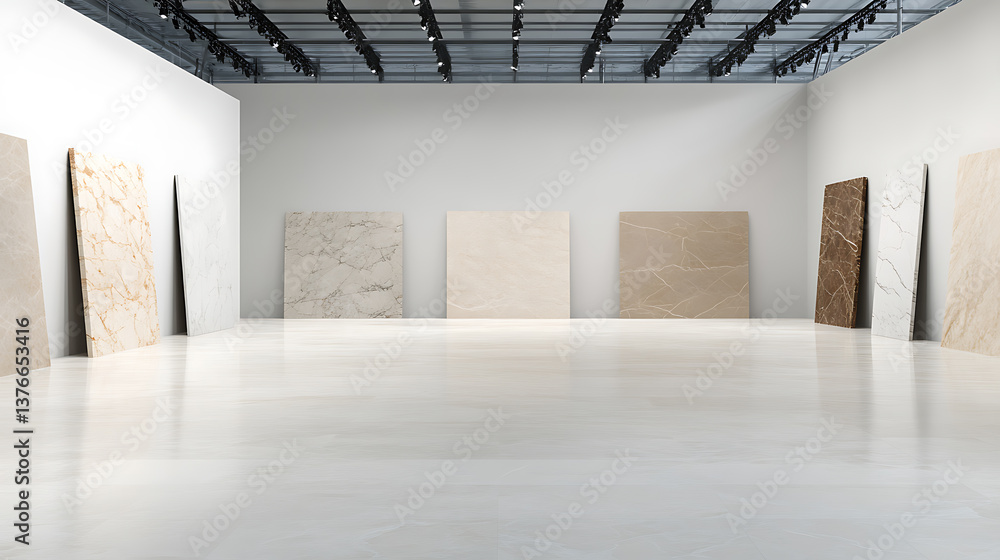 Poster marble tiles in gallery: a modern art gallery showcases an array of unique marble tiles, each a dist