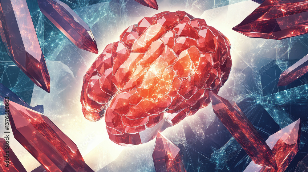Poster abstraction of crystal structures. neural connections of synthetic modifications. 3d illustration of