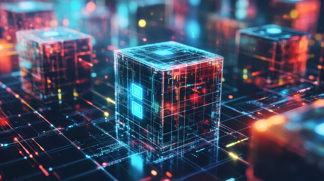 Blockchain abstract concept. Hi-tech Square blocks are collected in a cubic array against background of information fields. 3d illustration of Artificial intelligence learnability