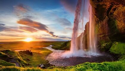 seljalandsfoss waterfall at sunset iceland