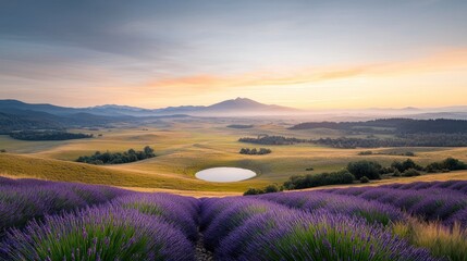 Lavender field sunrise over valley