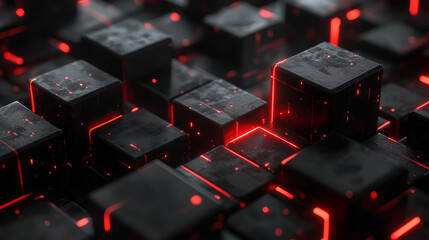 Abstract background using a fantasy environment theme with black metallic textured cube objects and red neon lights on the right, 3d rendering, and 4K size