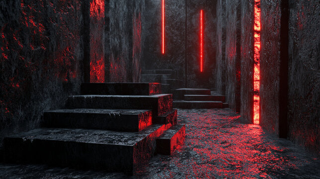 Abstract background using a fantasy environment theme with black metallic textured cube objects and red neon lights on the right, 3d rendering, and 4K size
