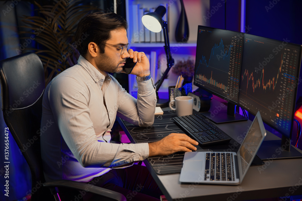 Poster trader smart businessman calling to broker or partner, analyzing in dynamic stock exchange investmen