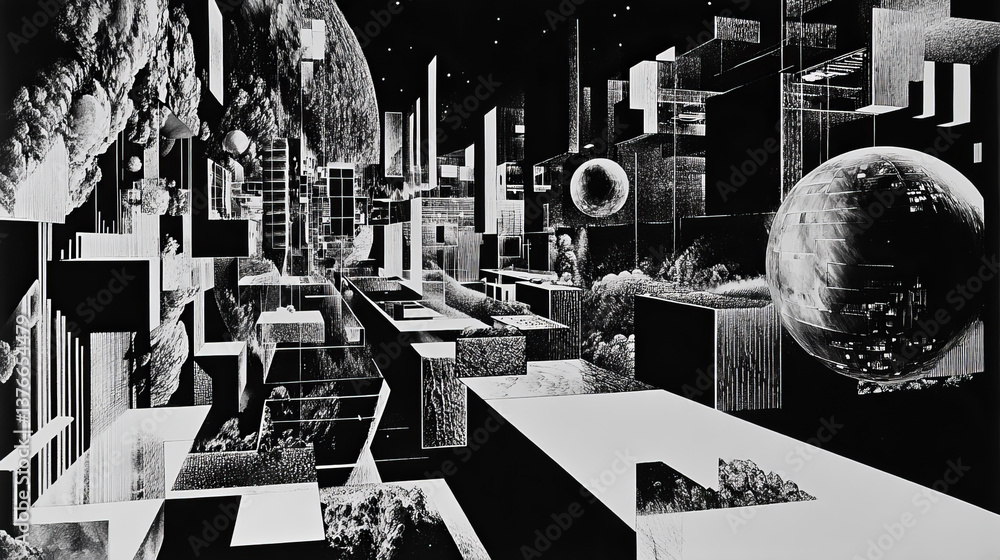 Poster black-white interior poster. square, cube and block array. polygonal network and high tech 3d illust