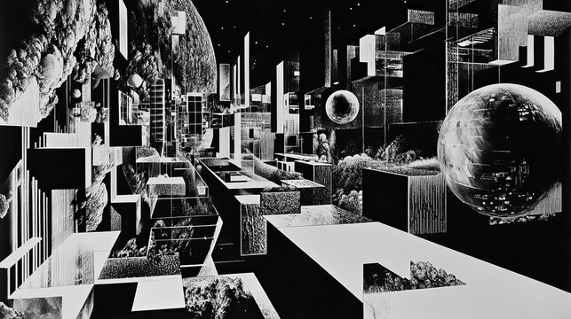 Black-white interior poster. Square, cube and block array. Polygonal network and high tech 3D illustration. Border of two worlds and artificial intelligence