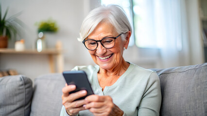 Smiling senior woman in eyeglasses squinting eyes, try to read message on cellphone, having problems with vision, sitting on couch at home