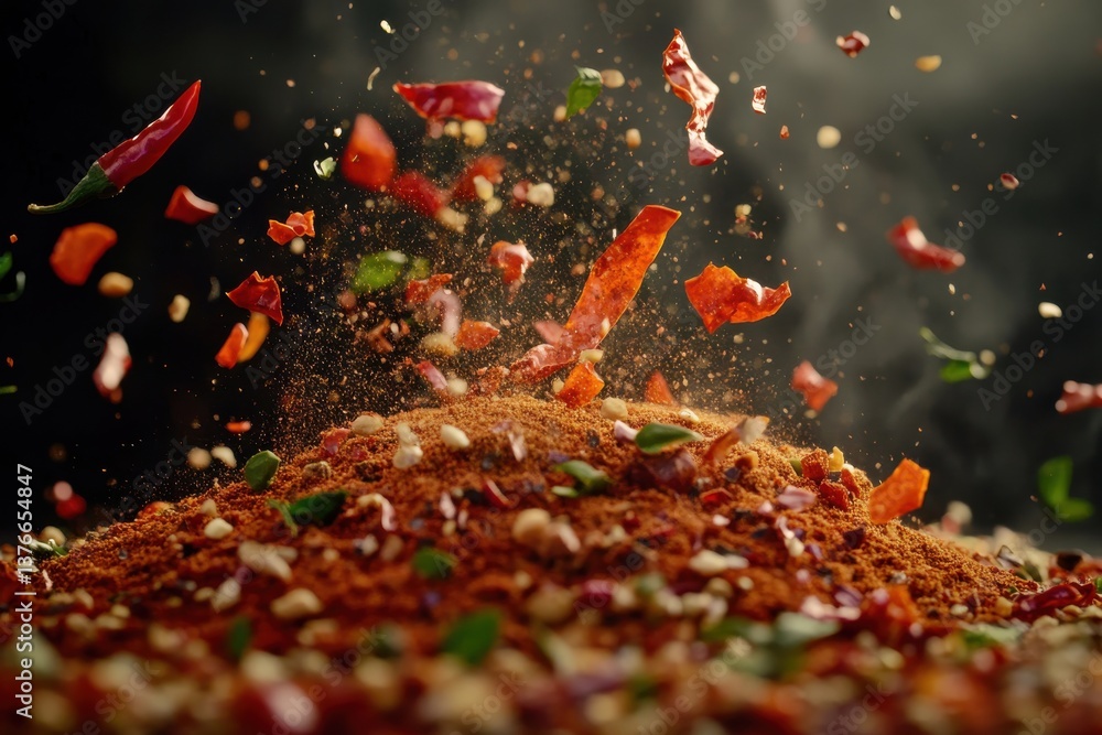 Poster Spices are tossed in the air creating a flavorful cloud in a kitchen setting during bright daylight hours