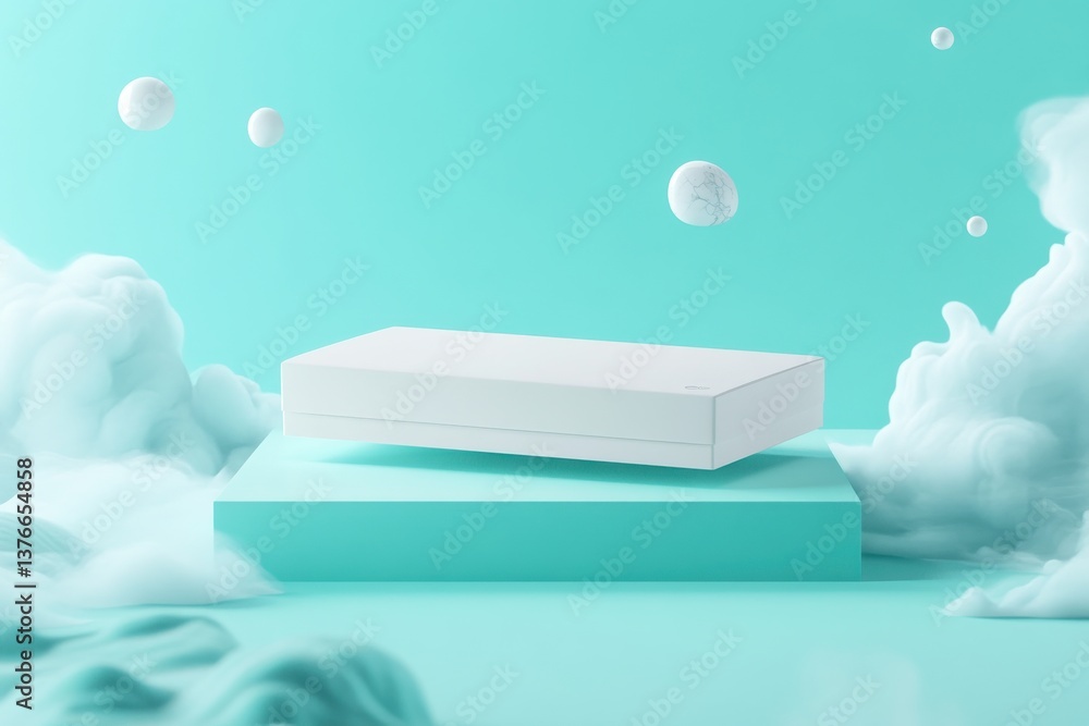 Leinwandbilder Minimalist design showcasing a floating white box against a teal background with soft clouds and bubbles highlighting modern aesthetics