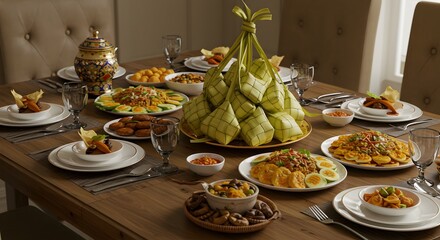 Celebrating Eid Al-Fitr with Traditional Food on a Festive Table
