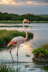 Fototapeta premium Elegant Flamingo Walking Through Calm Waters at Sunset Generative AI