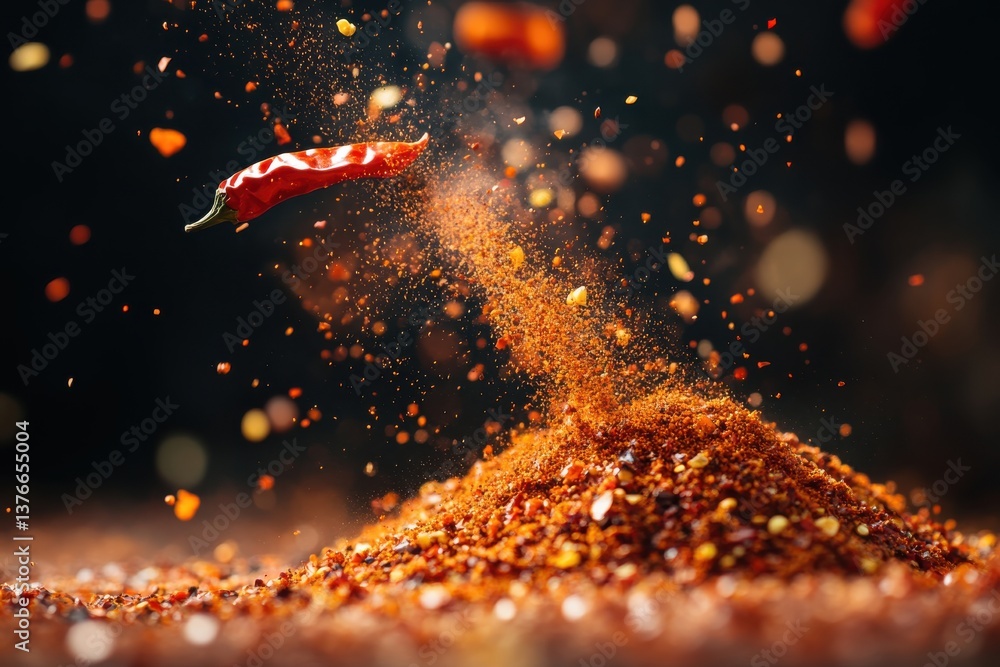 Poster spices flying in a culinary explosion captured in a kitchen setting during daytime