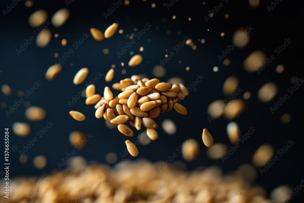 Poster floating sesame seeds captured in a close-up shot against a dark background in a kitchen setting